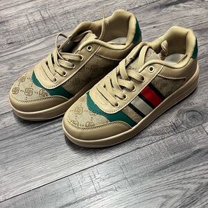 Beige and Green Sneakers with Red Stripe